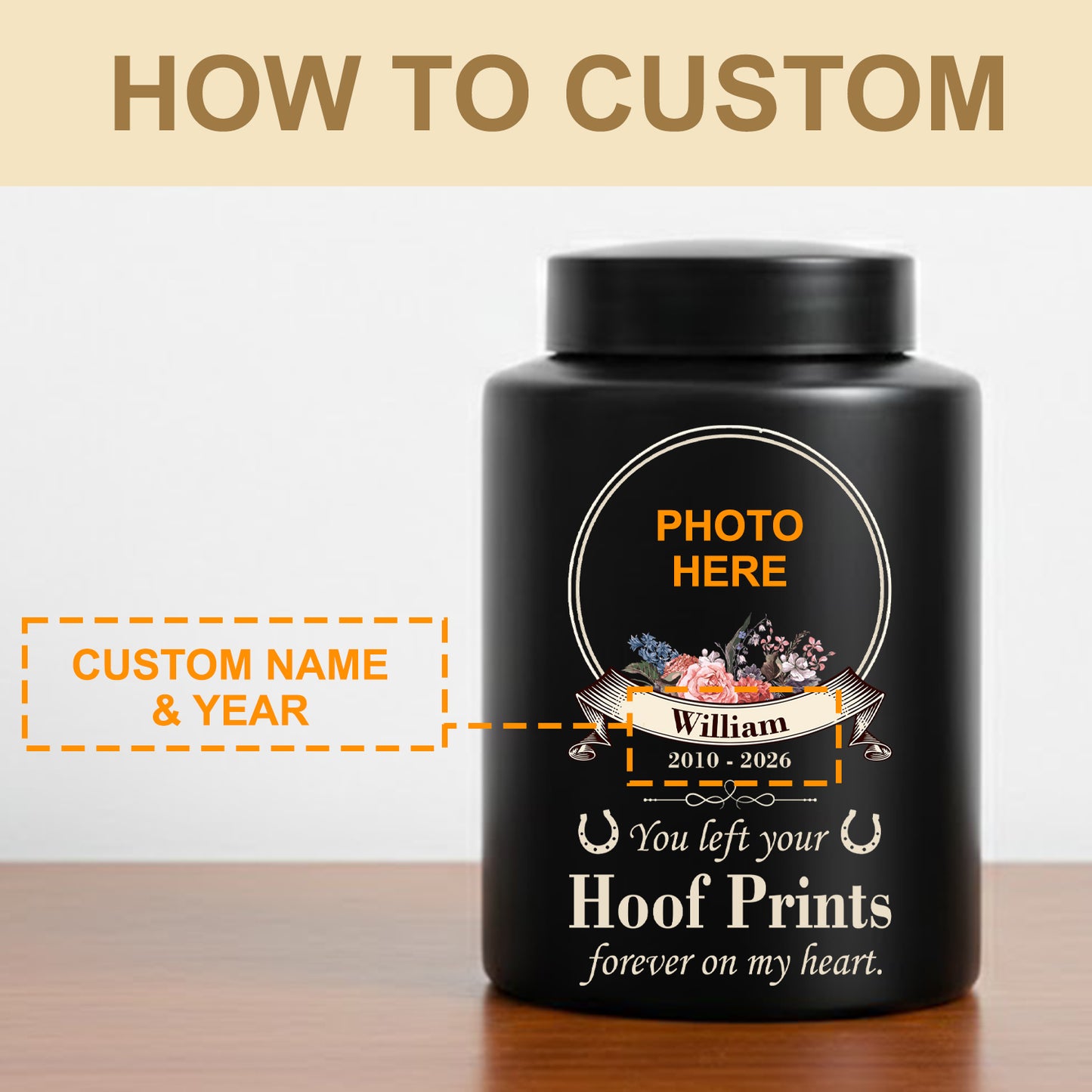 Custom Horse Memorial Urn with Photo-Personalized Equine Pet Loss Ashes Keepsake Jar-Stainless Steel Box