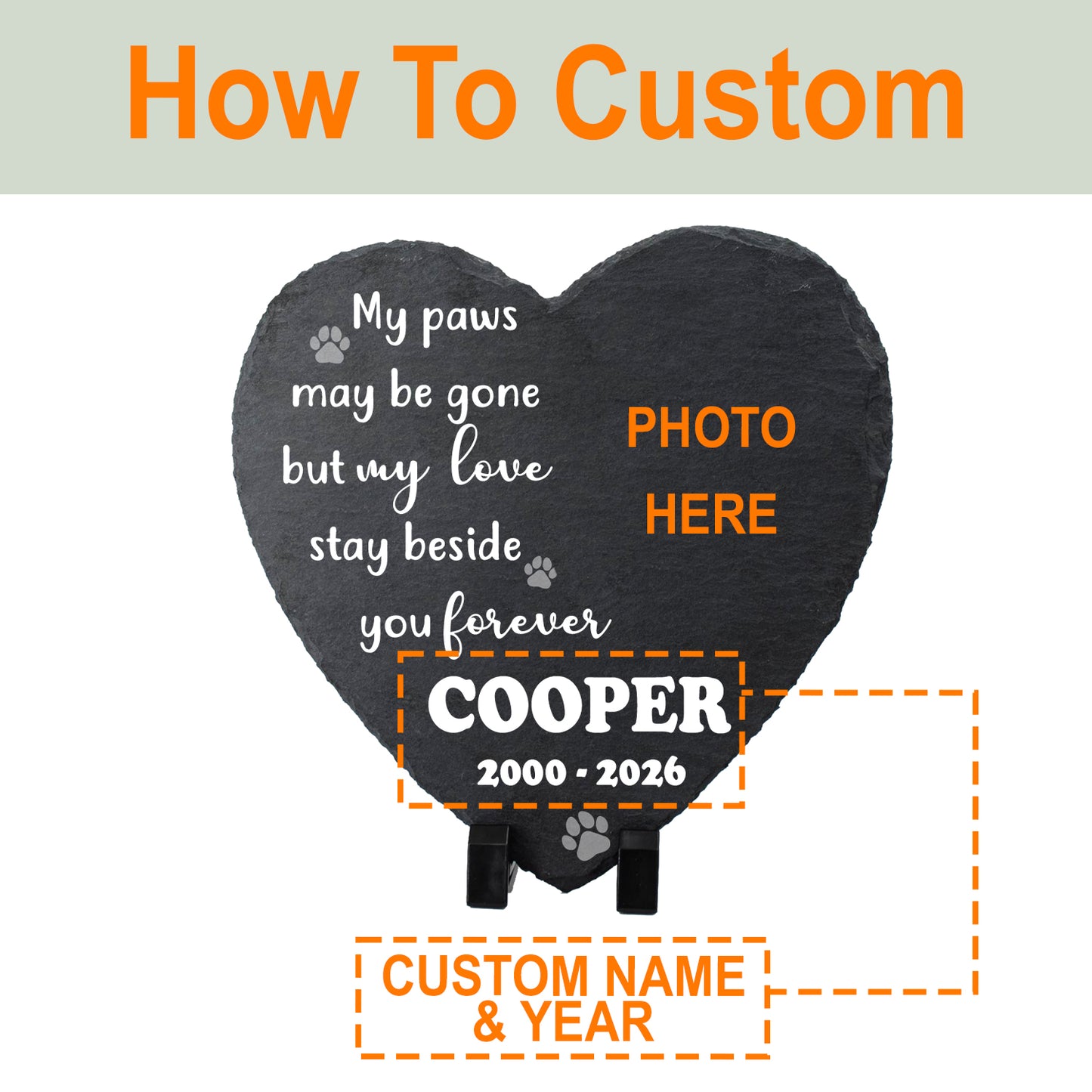 Custom Heart Shaped Pet Memorial Stone-Personalized Photo Slate Dog Cat Loss Gift-Paws Stay Beside You Forever