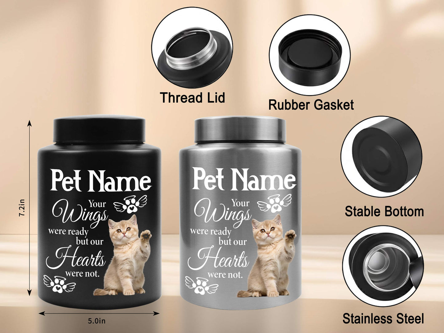 Personalized Cat Urn for Ashes-Custom Cat Memorial Cremation Urn,Stainless Steel Kitten Ashes Jar