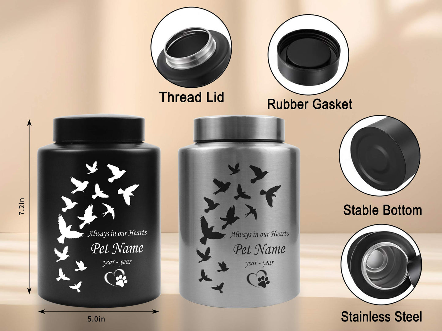 Unique Pet Urn for Dog or Cat Ashes-Custom Stainless Steel Cremation Urn with Flying Birds Silhouette