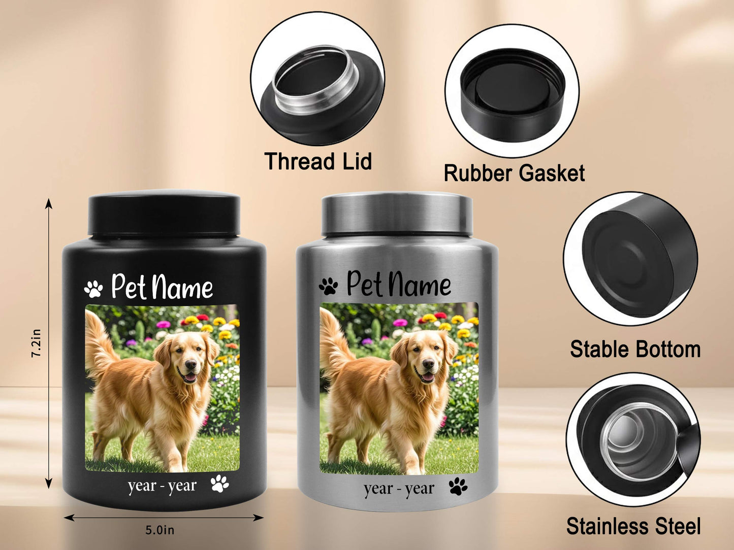 Custom Picture Pet Urn for Ashes-Personalized Pet Urn with Large Photo, Stainless Steel Custom Dog/Cat Urn-7.2 Inch