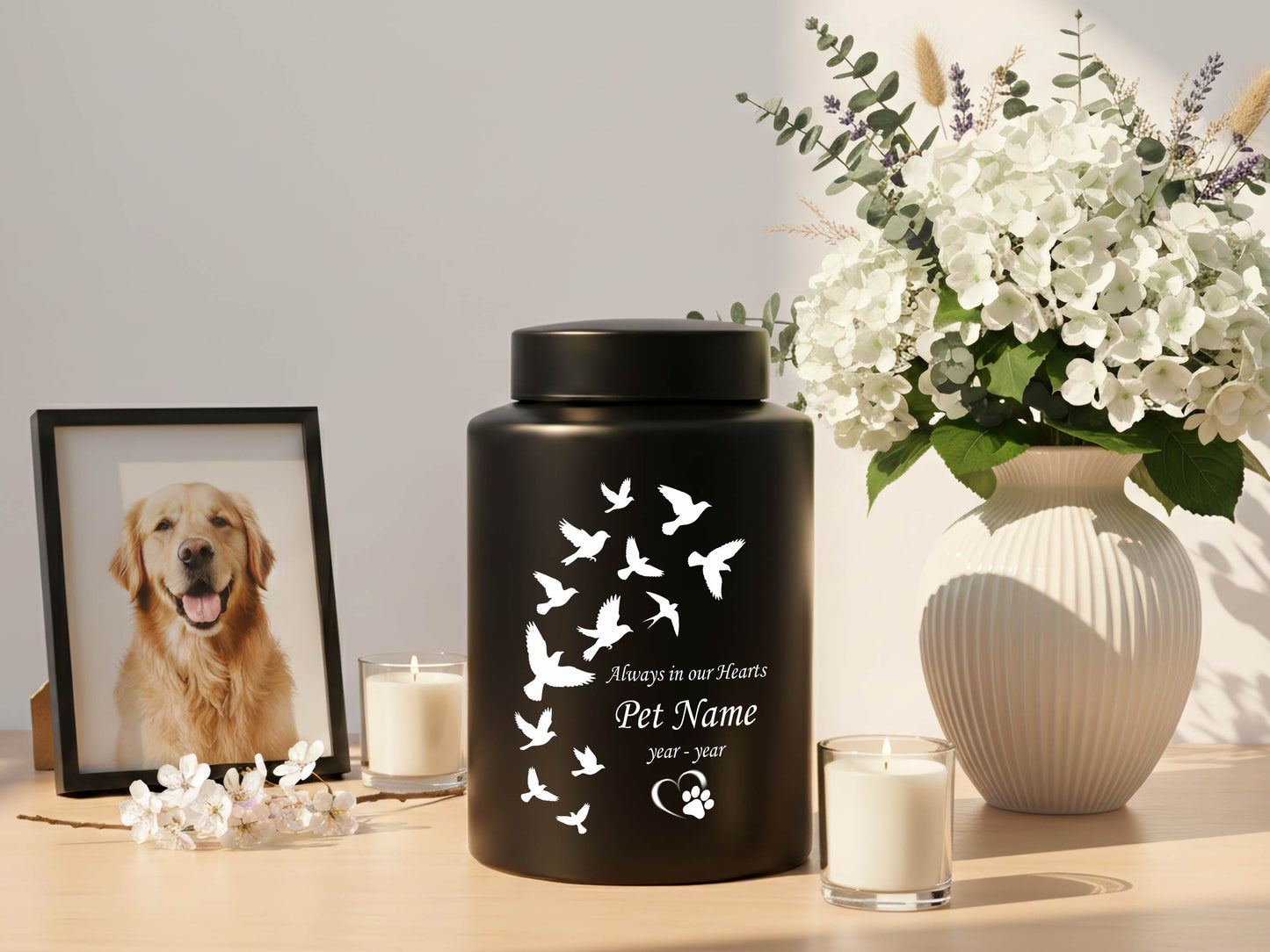 Unique Pet Urn for Dog or Cat Ashes-Custom Stainless Steel Cremation Urn with Flying Birds Silhouette