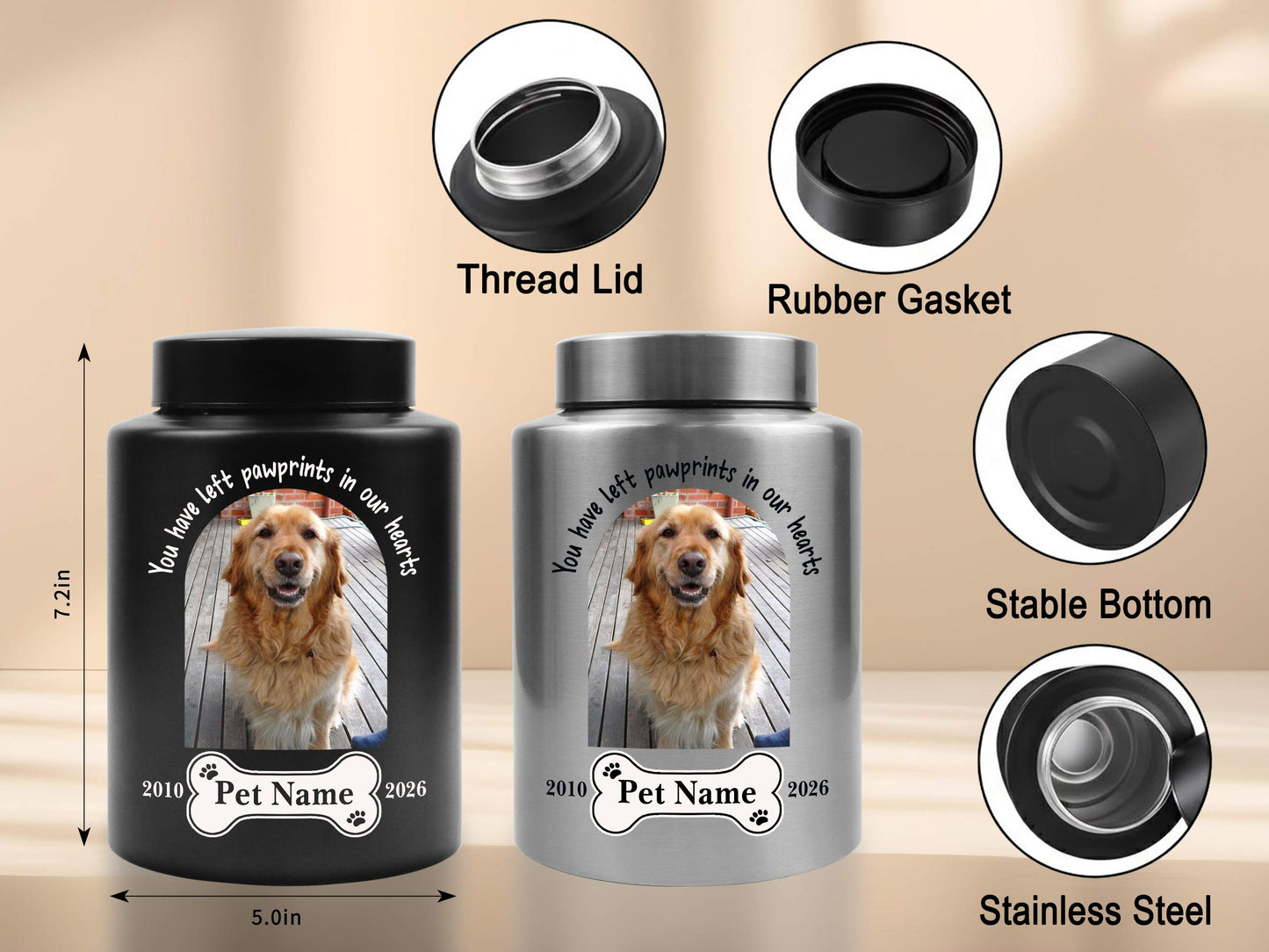 Custom Dog Urn for Ashes with Arch Photo-Personalized Pet Cremation Urn,Stainless Steel Large Pet Ashes Jar